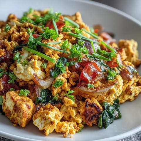 Würziger veganer Tofurührei mit buntem Gemüse, perfekt zum Frühstück.