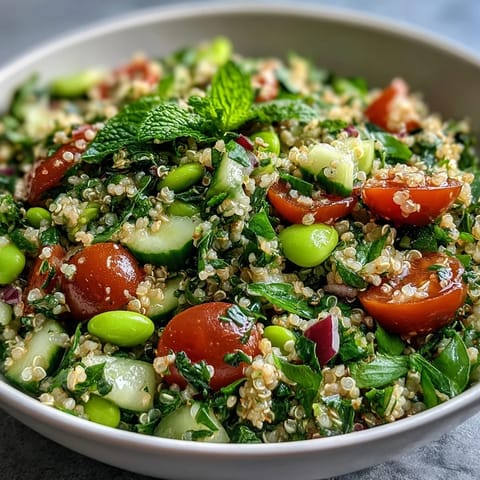 Der Edamame und Quinoa Salat liegt in einer Schüssel mit frischem Dill und einem Spritzer Zitrone.