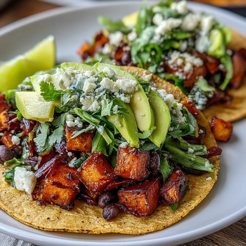Frisch zubereitete Black Bean and Sweet Potato Tacos mit Avocado und Koriander garniert.