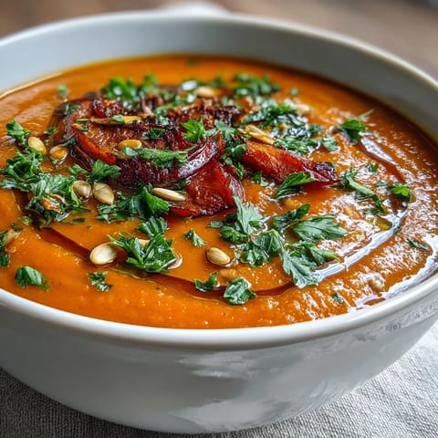 Frisch pürierte Ofenroggen-Gemüsesuppe, dampfend heiß und voller gerösteter Aromen, bereit zum Servieren.