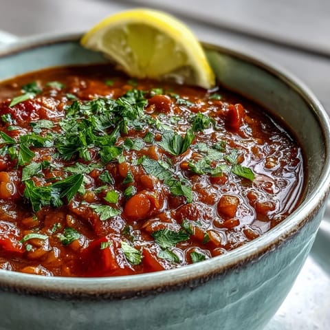 Spoon dipping into a warm bowl of Tomato Lentil Soup, garnished with fresh parsley and a lemon wedge nearby.