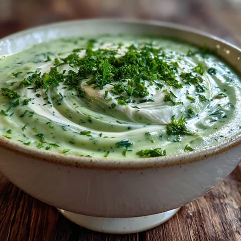 Cremige Sellerie- und Kräutersuppe wird mit Röstaromen am Topfrand angerichtet und frischen Kräutern bestreut.