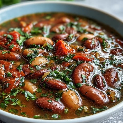 A steaming bowl of Three-Bean Salad Soup with colorful kidney beans, green beans, and fresh veggies.