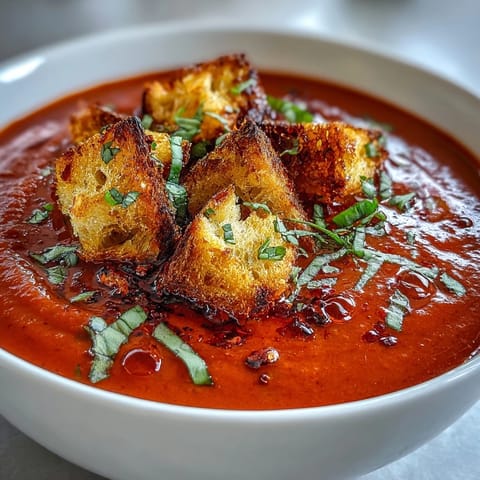 Geröstete Roasted Red Pepper Soup duftet würzig, serviert in tiefen Tellern mit goldbraunen Croutons für Crunch.