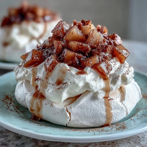 Ein Dessertlöffel mit Mini Hot Toddy Pavlovas, gefüllt mit geschlagener Sahne und aromatischen Whisky-Birnen.