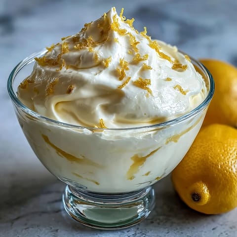 Zitronenfool in elegantem Glas mit frischen Beerengarnelen und luftiger Sahnekruste.