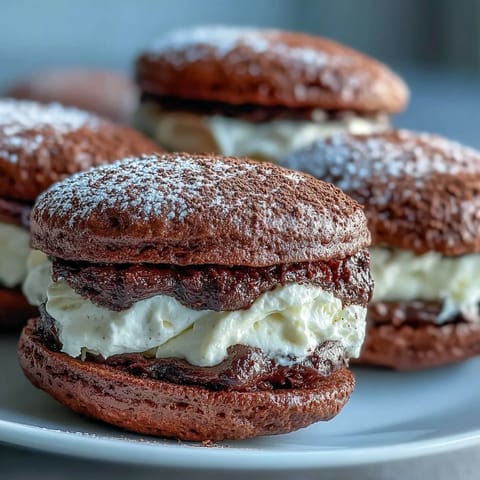 Dunkle Schokoladen-Whoopie Pies mit cremiger Kaffee-Mascarpone-Füllung, bestäubt mit Kakaopulver für ein tiramisu-ähnliches Dessert.