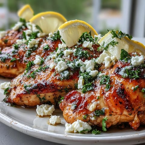 Sizzling Greek Chicken with Lemon and Feta in a pan, golden sear, topped with crumbled feta and chopped parsley.