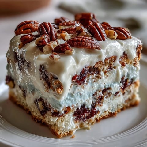 Butter Pecan Tres Leches Cake soaked in creamy milk, topped with sweet whipped cream and toasted pecans.