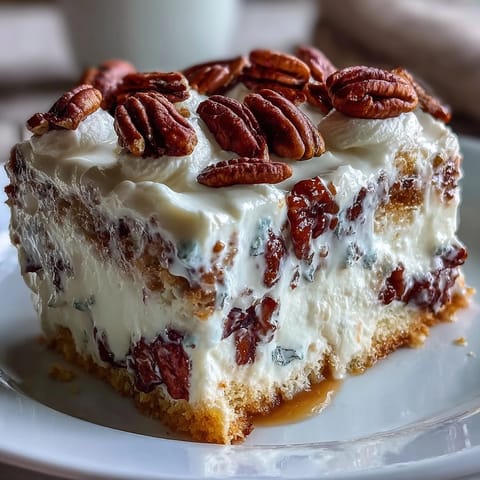 Decadent Butter Pecan Tres Leches Cake slice revealing moist layers and a rich buttery pecan drizzle.