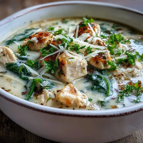 Creamy Garlic Parmesan Chicken Soup with golden chicken and fresh parsley garnish.