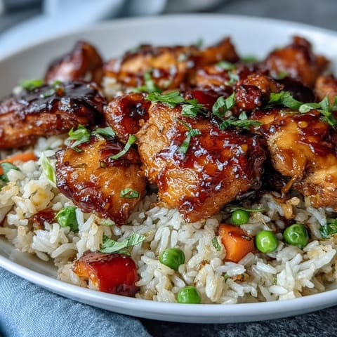 Gekochtes One-Pan Bold Honey BBQ Chicken Rice in einer Pfanne mit Gabel serviert, duftend nach rauchigem BBQ und süßem Honig.