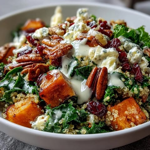 Frisch zubereiteter Harvest Kale Quinoa Bowl mit knusprigen Pecans und Cranberries.  