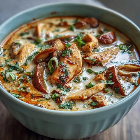 A vibrant Thai Coconut Curry Soup Bowl topped with chili slices and lime wedges.