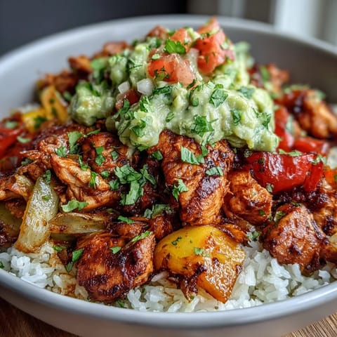 Gebackenes Sheet Pan Chicken Tinga mit farbenfrohen Paprika und Zwiebeln auf duftendem Reis mit frischer Avocado-Salsa.