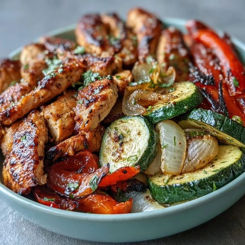 Rustikales Sheet Pan Fajita Bowl mit saftigem Hähnchen und bunten Paprikastreifen auf Reis.