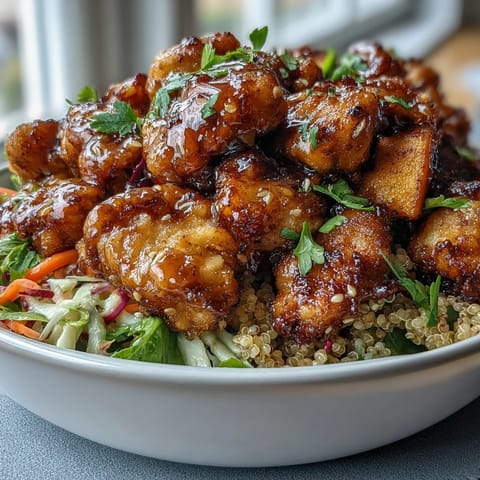 A vibrant Hot Honey Chicken Bowl features spiced chicken, roasted sweet potatoes, and a tangy hot honey mustard dressing.