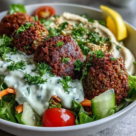 A colorful falafel bowl with hummus, tzatziki, and fresh greens, drizzled with tahini sauce for a rich finish.
