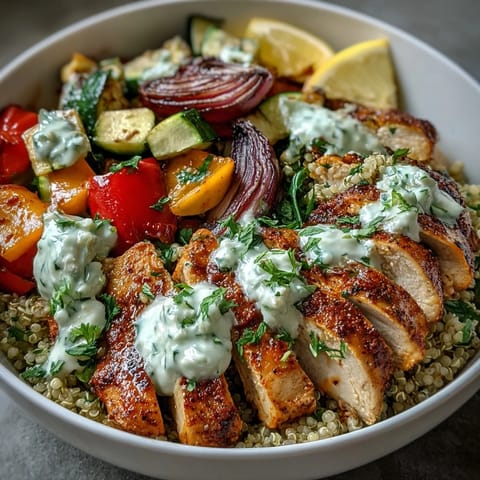 Farbenfroher Paprika-Kräuter-Hähnchen-Quinoa-Schüssel mit perfekt geröstetem Gemüse.
