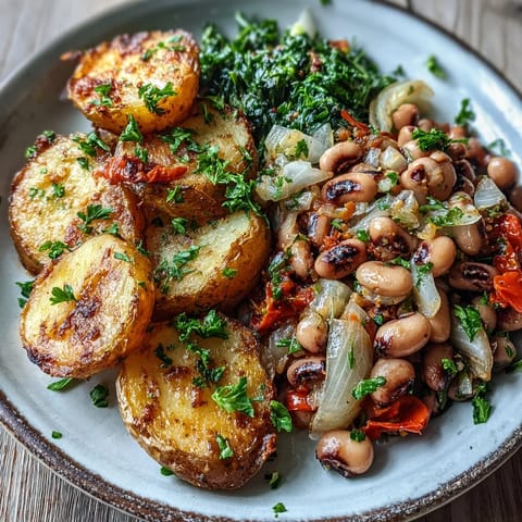 Herzhafte Black-Eyed Pea Hash mit knusprigen Yukon Gold Kartoffeln, Zwiebeln und Paprika, serviert in einer braunen Schüssel am Frühstückstisch.