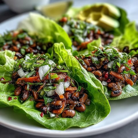 Frische Black-Eyed Pea Lettuce Wraps mit gewürzten Erbsen und knackigem Gemüse, serviert in grünen Blättern.