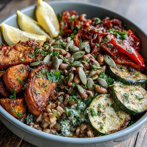 Leckere Black-Eyed Pea Grain Bowl mit Kürbiskernen und frischen Kräutern.