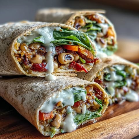 Vollkorn-Black-Eyed Pea Wraps mit knackigem Gurken- und Karotten-Salat und cremiger Tahini-Soße auf einem Holzteller.