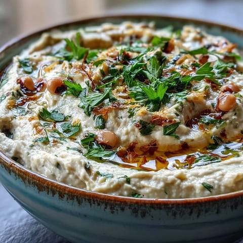 Smashed Black-Eyed Peas dip topped with fresh parsley, served with pita chips and crisp veggies.