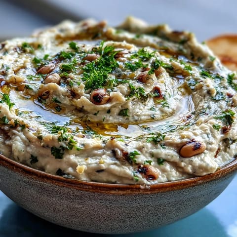 Creamy Smashed Black-Eyed Peas garnished with lemon zest, ideal for a Mediterranean appetizer spread.