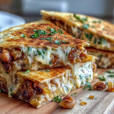 Black-Eyed Pea Quesadilla mit cremiger Erbsenfüllung auf einem bunten Teller