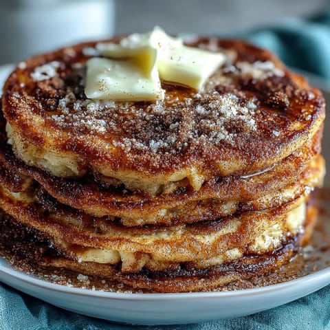 Spanish Churro-Inspired Pancakes stacked high on a plate, generously dusted with cinnamon sugar and ready to serve.