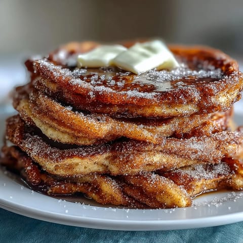 Golden-brown Spanish Churro-Inspired Pancakes with crispy edges glistening in butter, topped with a spoonful of rich dulce de leche.