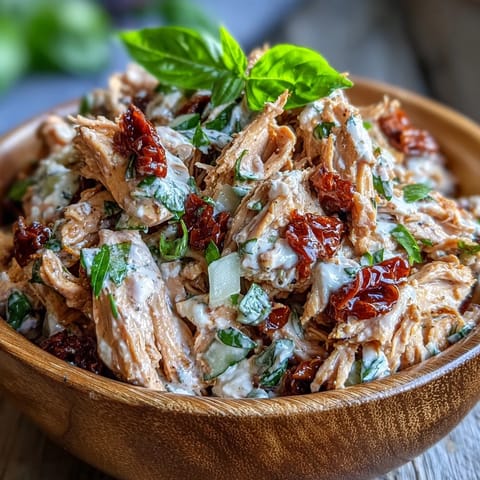 A vibrant Sun-Dried Tomato Chicken Salad packed with tender chicken and crunchy celery for lunch.