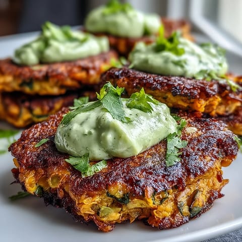 Crispy Sweet Potato & Red Lentil Patties piled high with golden edges, served with creamy avocado cilantro sauce. 