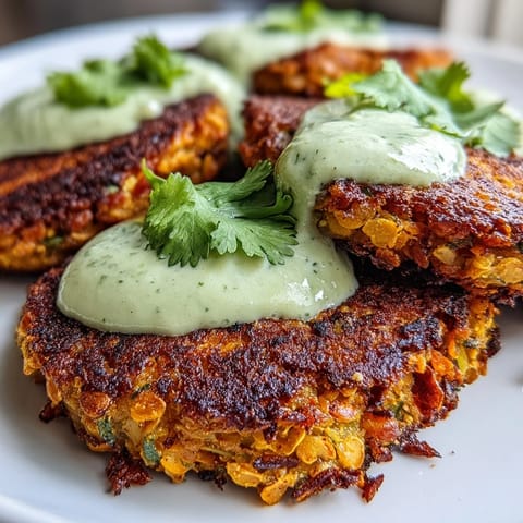 Golden Crispy Sweet Potato & Red Lentil Patties pan-fried in olive oil, drizzled with vibrant green avocado sauce. 