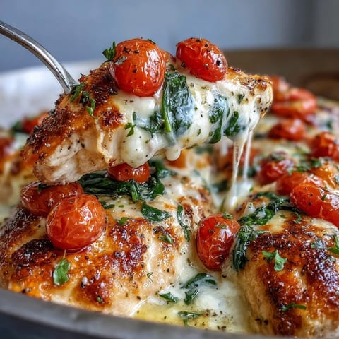 High Protein Chicken Bake aus der Pfanne, würziges Hähnchen mit Tomaten und frischen Kräutern auf einem Teller