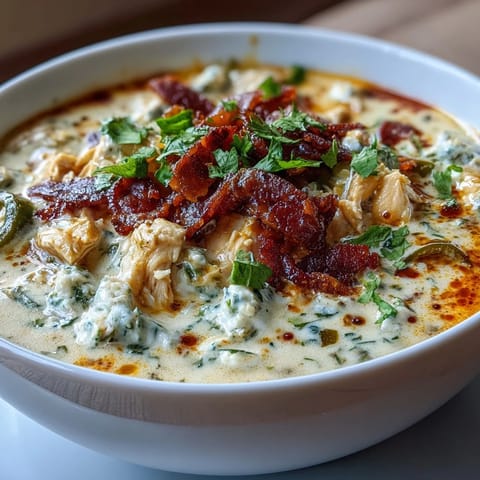 Ladle serving of Spicy Jalapeño Popper Chicken Soup with melted cheddar and jalapeño slices