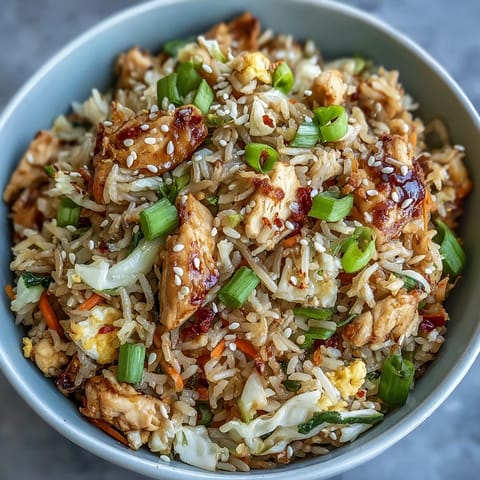 Crispy Chicken Fried Rice with Egg Roll Flavors served steaming hot in a bowl with chopsticks resting on the side.