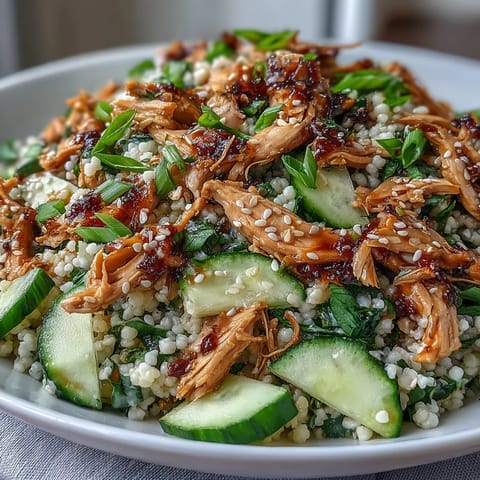 Frische Asian Sesame Chicken Couscous Salad mit rotisserie Hähnchen und knackigen Gurken auf weißem Teller.