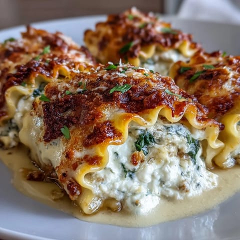 Frisch gebackene Garlic Butter Lasagna Roll-Ups auf einem rustikalen Teller, serviert mit grüner Salatbeilage.