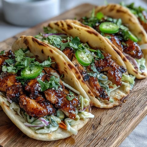Gegrilltes Honey-Garlic-Naan-Chicken-Tacos mit knackigem Krautsalat und frischen Limettenkeilen.