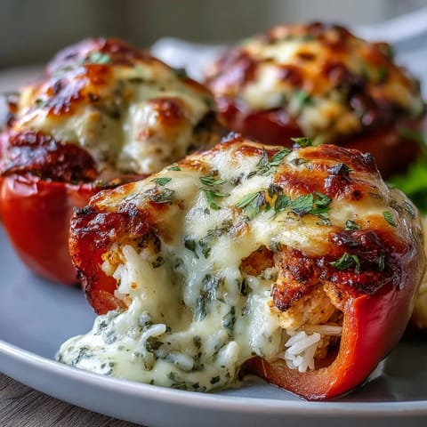Goldbraun überbackene Garlic Parmesan Chicken Stuffed Peppers mit frischer Petersilie garniert, serviert in einer Backform.