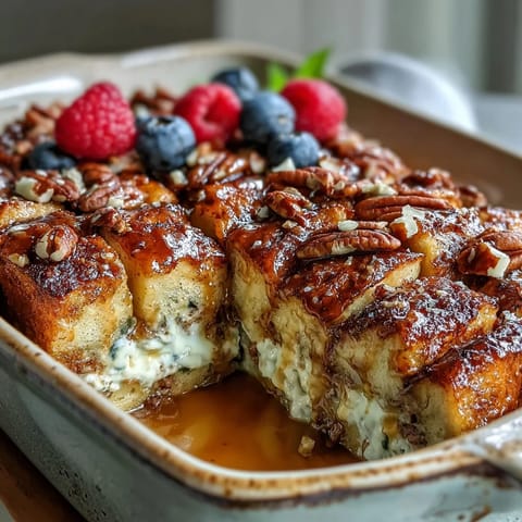 Goldbraun gebackene Caramel Cream Cheese French Toast Casserole mit zarter Brioche, cremiger Frischkäsefüllung und glasiger Karamellsauce.