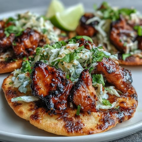 Frisch zubereitete Honey Garlic Naan Chicken Tacos mit knackiger Kohlsalat und glasierter Hähnchenbrust.