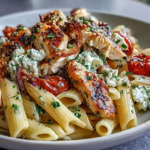Dieses Roasted Garlic & Feta Chicken Pasta ist ein Nudelgericht mit Knoblauch und Feta, perfekt für das Abendessen.