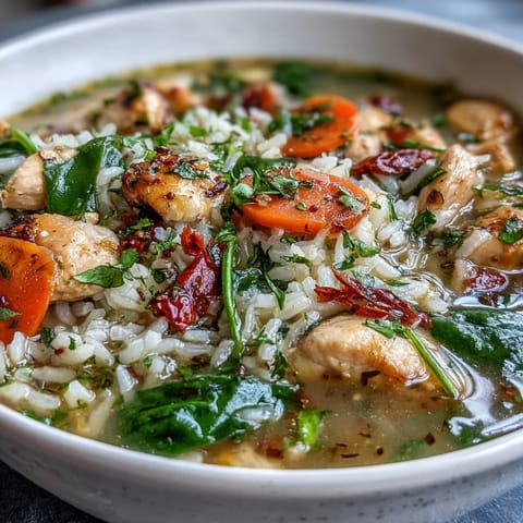 Hearty One-Pot Lemon Chicken Rice Soup with Veggies served steaming hot, perfect for cozy American dinners.