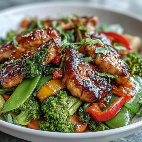 High-Protein Chicken and Veggie Stir-Fry mit knackigem Gemüse und saftigen Hühnchenstreifen auf einem Teller