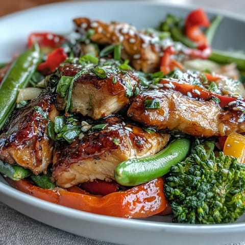 Farbenfrohe High-Protein Chicken and Veggie Stir-Fry mit Paprika, Zucchini und Brokkoli, angerichtet auf Reis