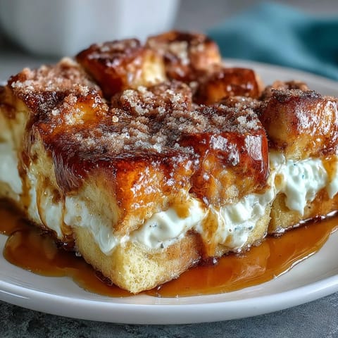 Geröstete Brioche-Würfel in einer Caramel Cream Cheese French Toast Casserole mit Vanille-Eier-Creme und Karamell-Guss