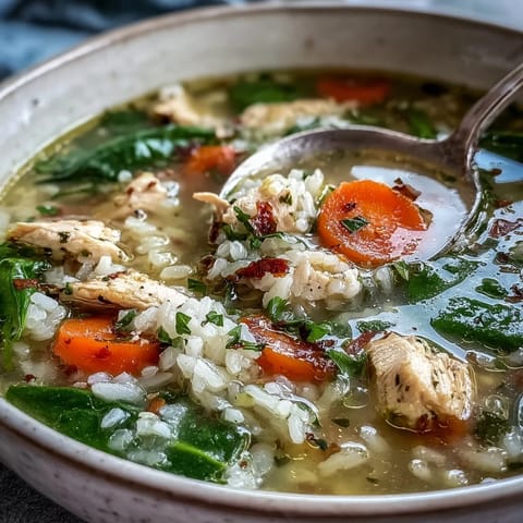 Zesty One-Pot Lemon Chicken Rice Soup with Veggies steaming in a rustic bowl, garnished with fresh parsley.